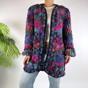Vintage 80s Retro Chunky Knit Oversized Grandma Sweater Crochet Cardigan / Large